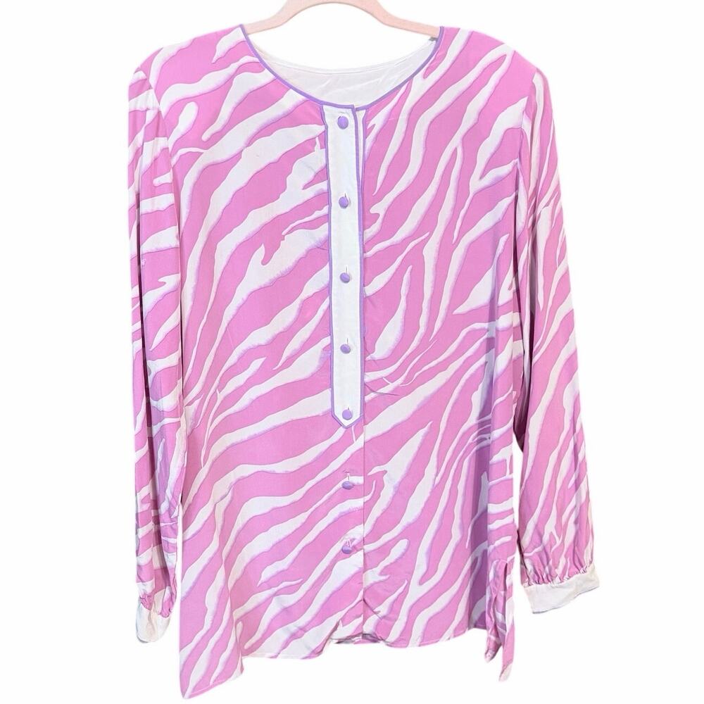 Vintage Bob Mackie 100% silk pink zebra button front long sleeve blouse large